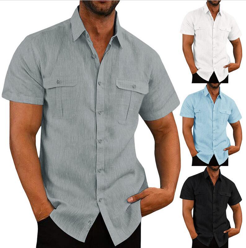 Men's Linen Short Sleeve Turn-down Collar Cardigan Shirt