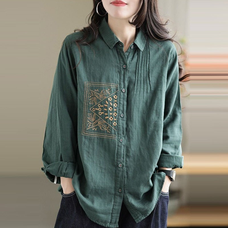 Women's Vintage Embroidery Cotton Blouse - Long Sleeve