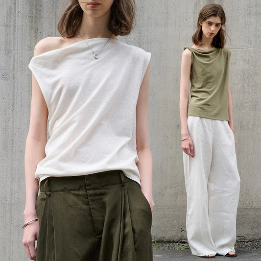 Women’s Summer French Cotton Linen One-Shoulder Top