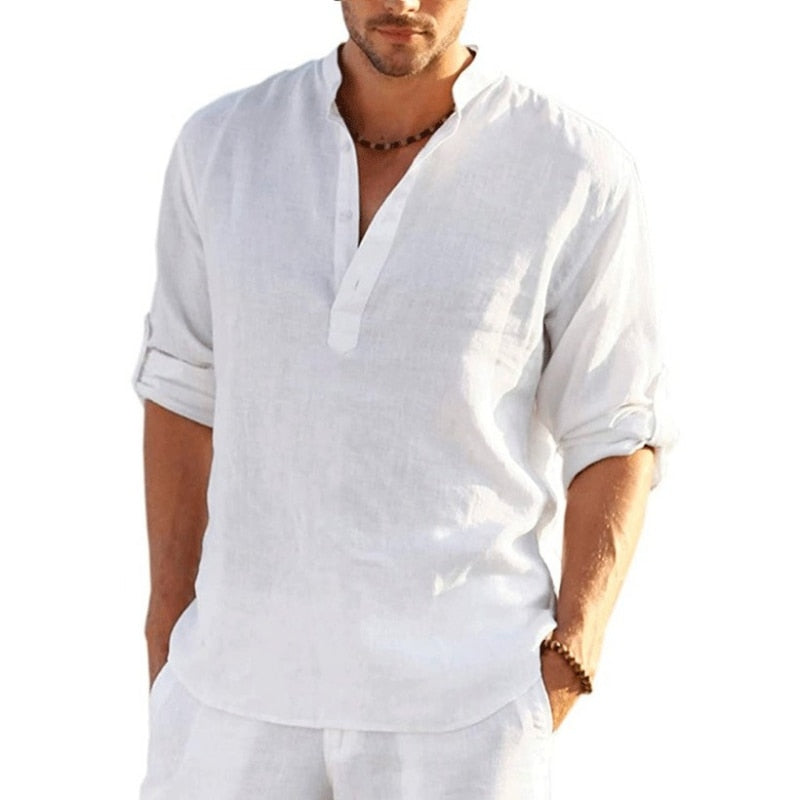 Men's Casual Loose Fit Cotton Linen V-neck Long Sleeve T-shirt