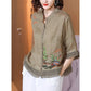 Women's Ruffle Sleeve Buttoned Embroidery Cotton Linen Blouse