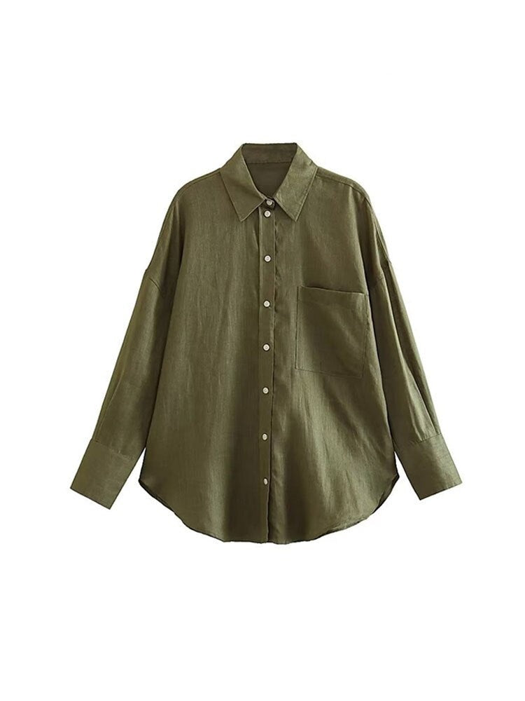 TRAF Women  Long Sleeve Button-up Linen Shirts