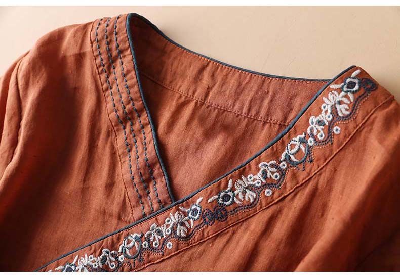Women's 3/4 Sleeve Embroidered V-Neck Cotton Linen Blouse