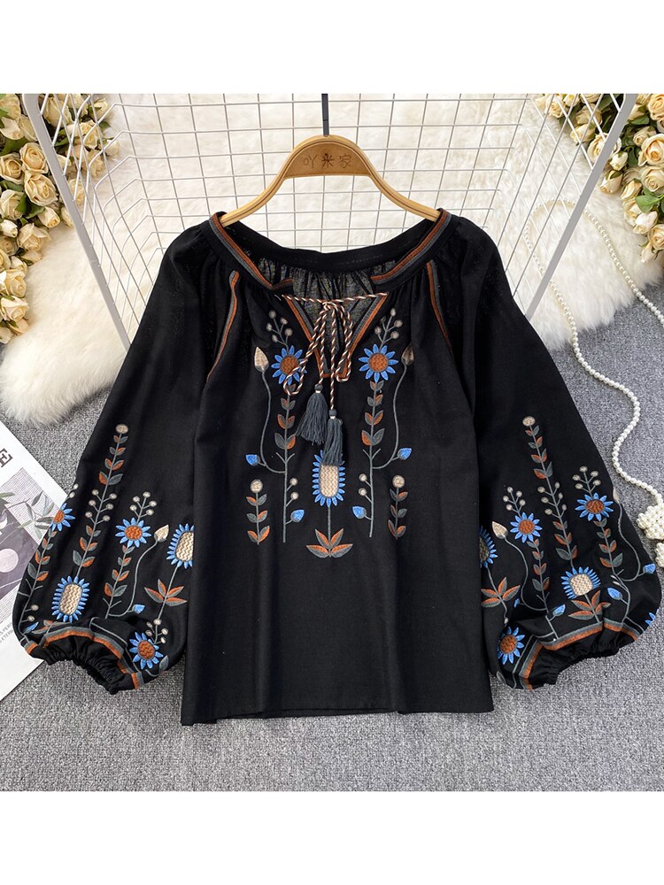 Women's Round Neck Loose Embroidered Cotton Linen Blouse