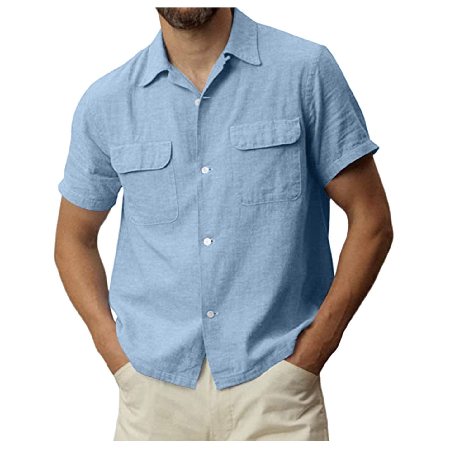 Men Short Sleeve Loose Cardigan Tops Cotton Linen Shirt