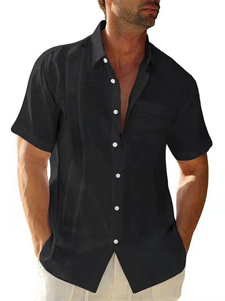 Men's Short Sleeve Turn-down Collar Cotton Linen Shirt