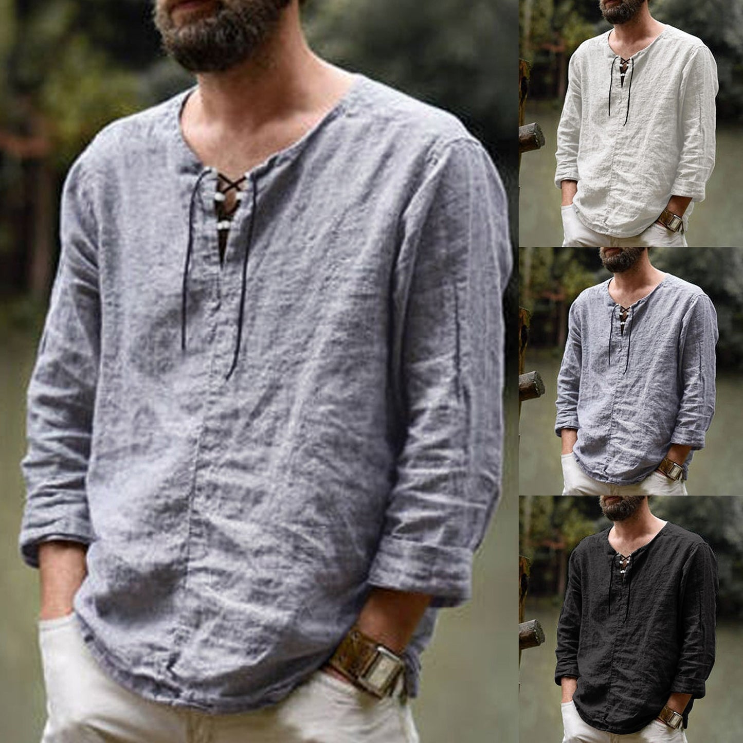 Men's Long Sleeve V-neck Linen Cotton T-shirt