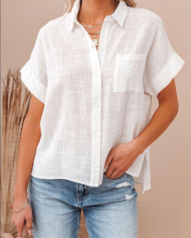 Women's Cotton Linen Shirt Women Short Sleeves Tops