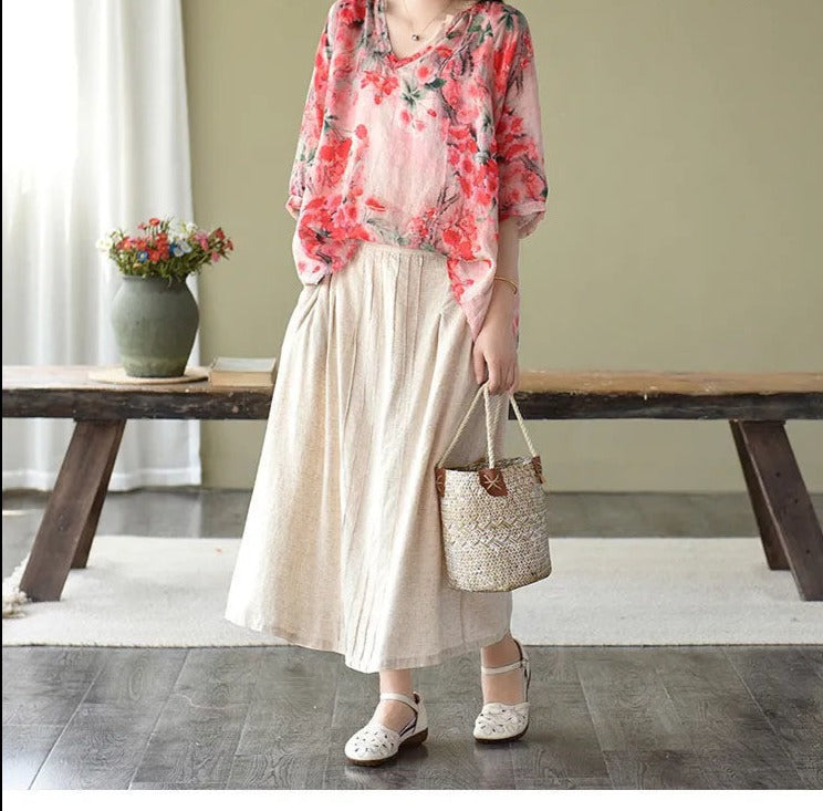 Women's V Neck Cotton Linen Thin Half Sleeve Shirts