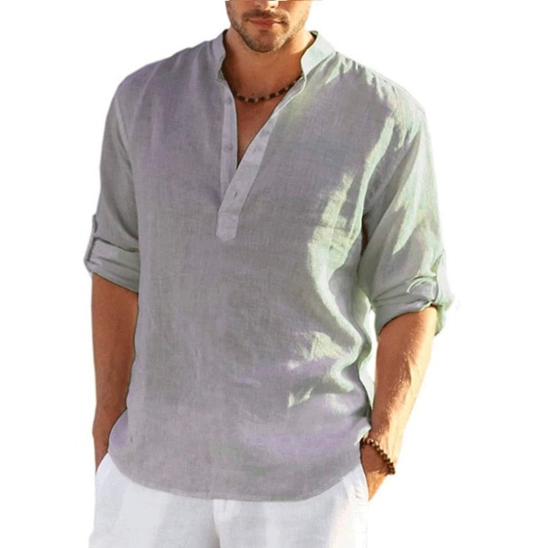 Men's Casual Loose Fit Cotton Linen V-neck Long Sleeve T-shirt