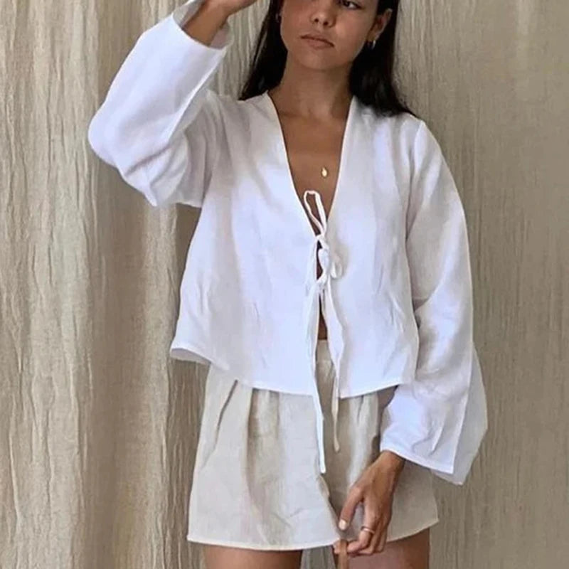Women’s Cotton Linen Lace-Up Bow Shirt
