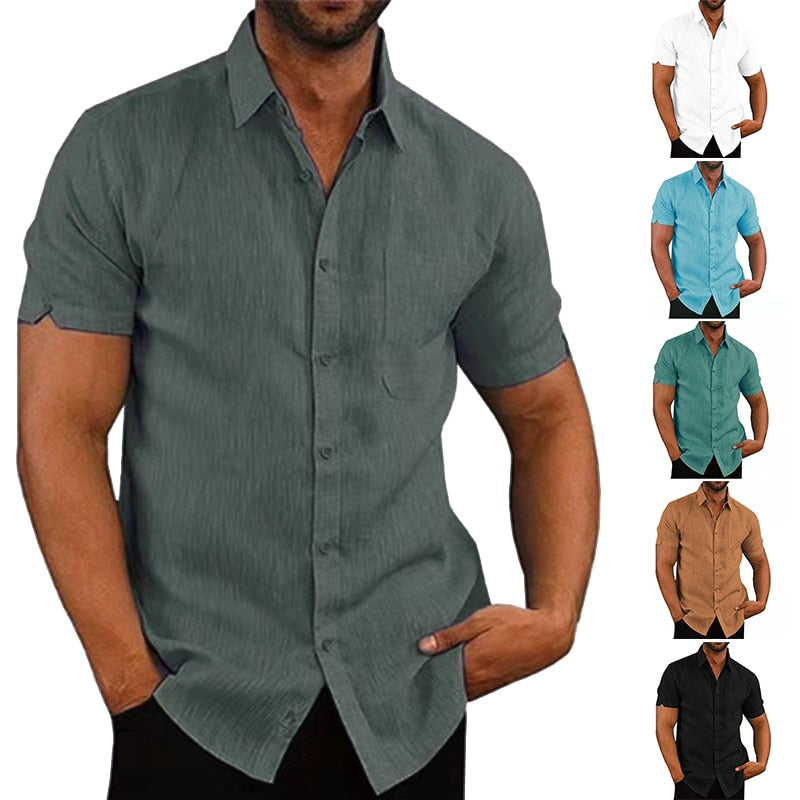 Men's Short Sleeved Turn-Down Collar Cotton Linen Shirts