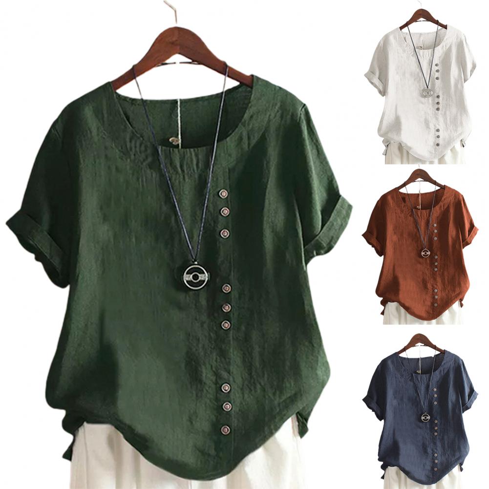 Women's Short Sleeve Button Linen Cotton Blouse