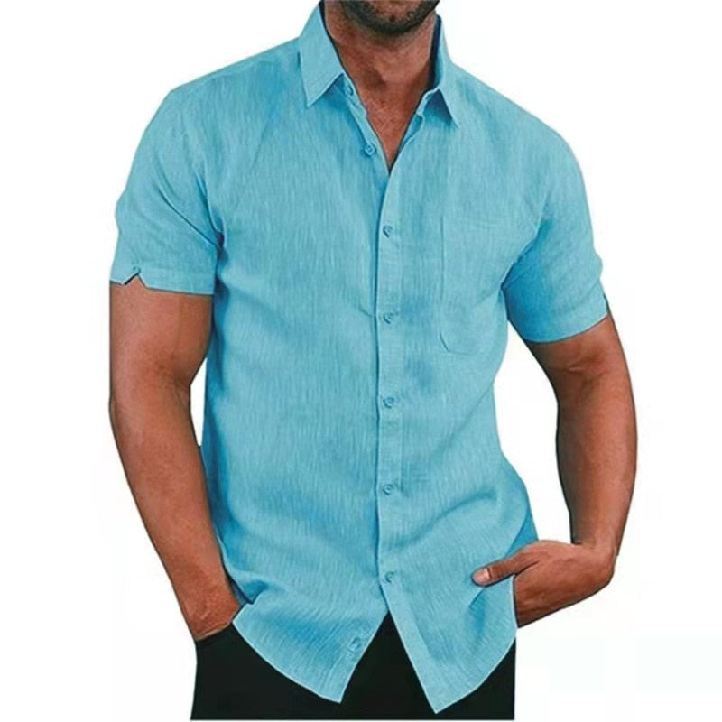 Men's Short Sleeved Turn-Down Collar Cotton Linen Shirts