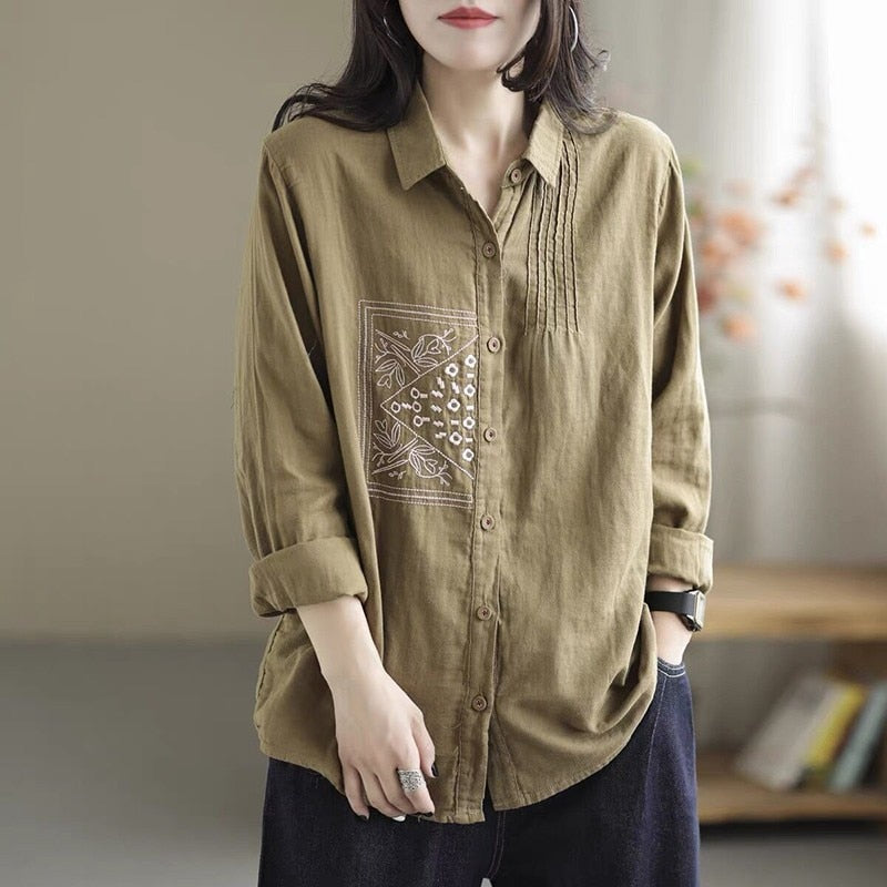 Women's Vintage Embroidery Cotton Linen Blouse - Long Sleeve