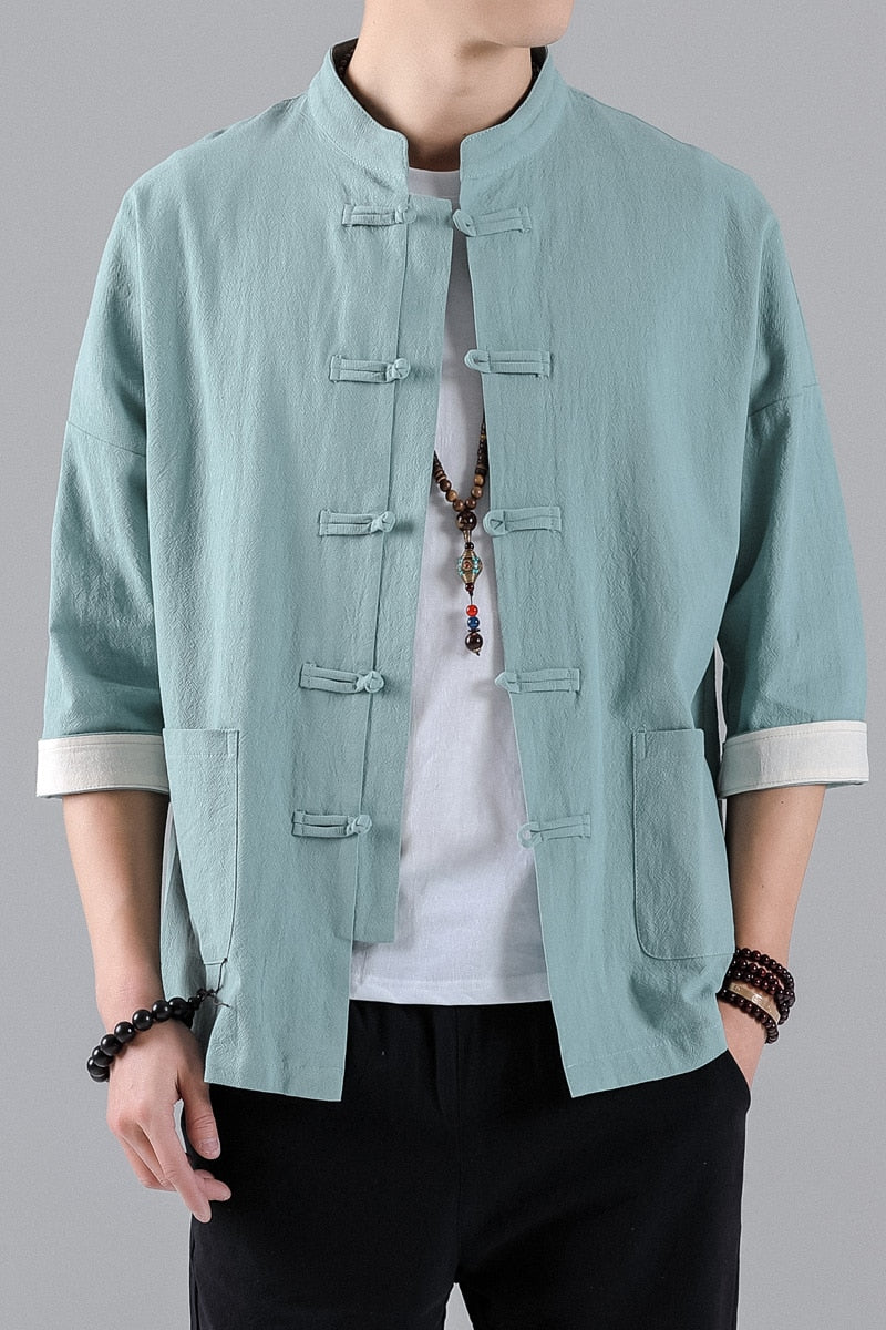 Men's Tang Suit Linen Half Sleeve Traditional Hanfu Shirt