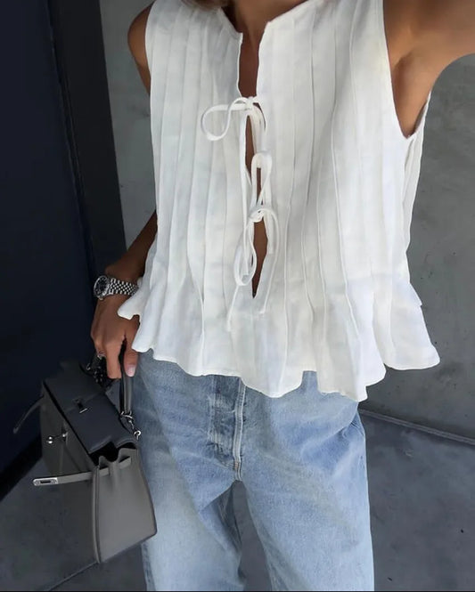 Fashion Bow Lace-Up Cotton Linen Sleeveless Blouse