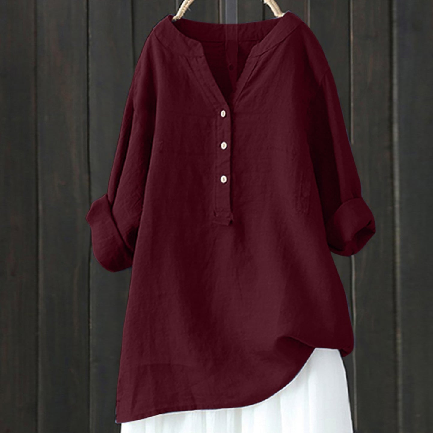 Women  Long Sleeved V-Neck Casual Loose Cotton Linen Shirts