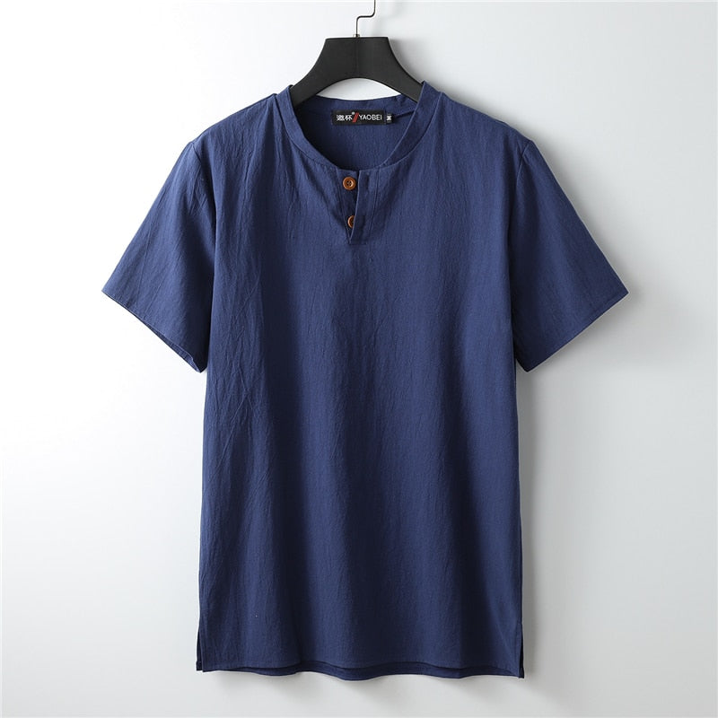 Men Full Sleeve Henry Collar Linen T-shirt