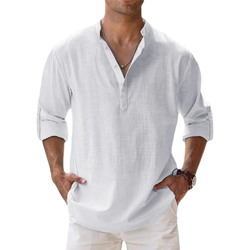 Men's Casual Linen Henley Collar Long Sleeve Button-Down Shirt