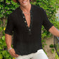 Men's Half Sleeve  V Neck Cotton Linen Shirt